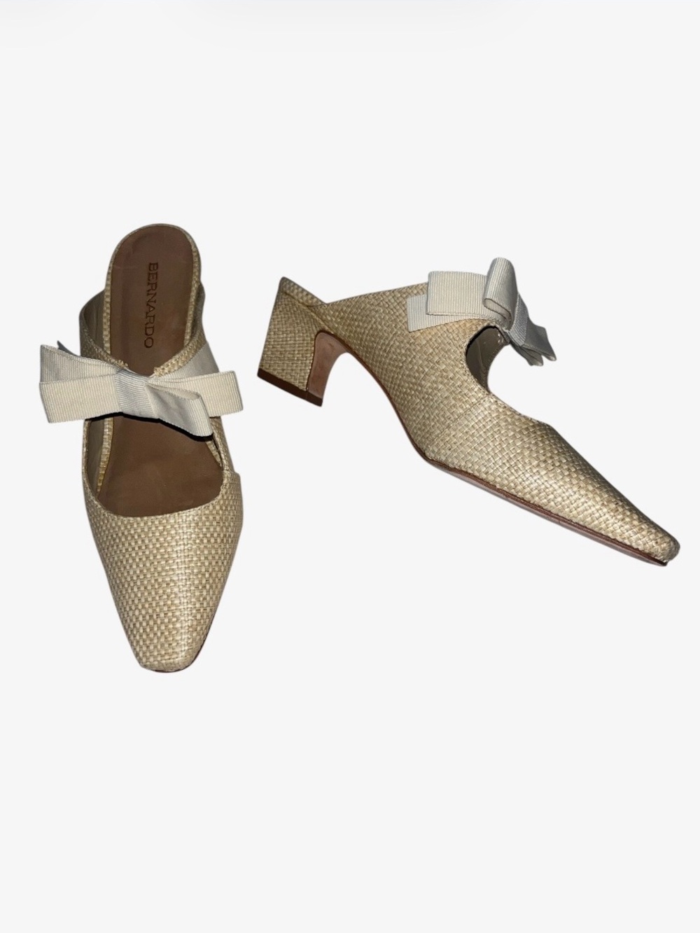 Bernardo Astrid Woven Raffia Beige Bow Heeled Mule Women’s Slip-On Shoes